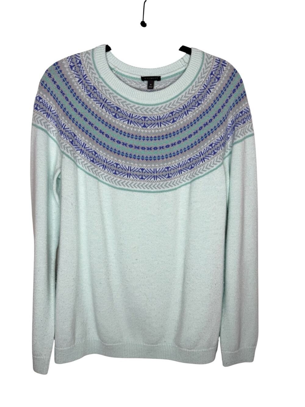 TALBOTS / teal blue fair isle lambswool blend crewneck sweater / M